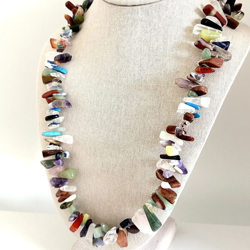 Vintage 925 Sterling Silver Multi Gemstone Nugget Chunky Statement Necklace 36
